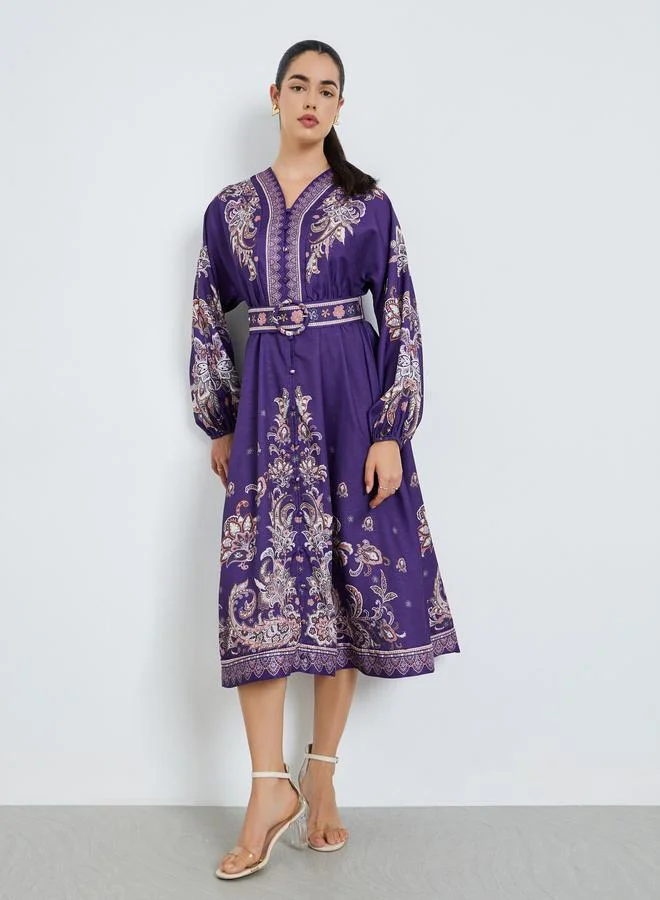 Styli Women Purple Printed Belted Shirt Midi Dress